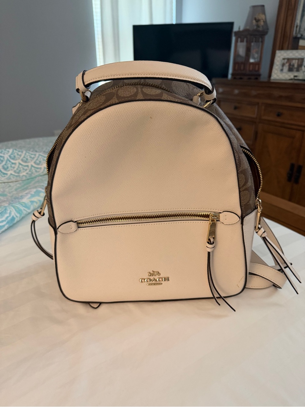 Coach Cream and Brown Signature Mini Backpack